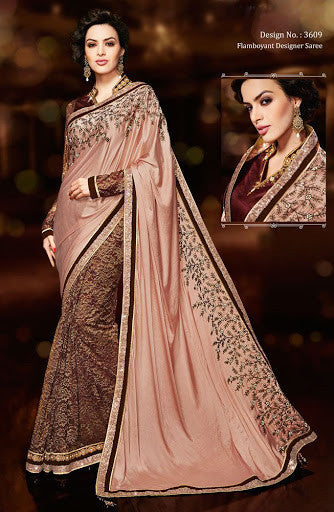 Peach and brown designer artistic Saree 