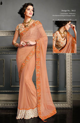 Orange Floral worked Saree 