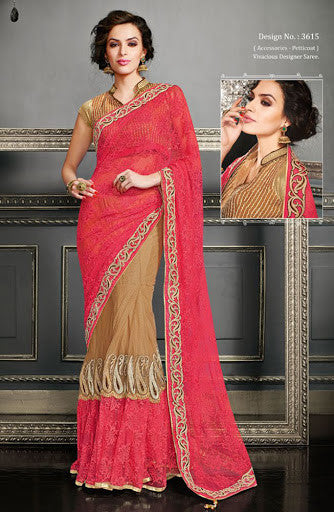 Beige and Red designer worked saree  