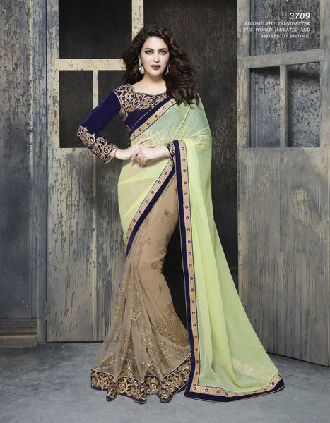 Beige And Pista Green Color Chiffon Net Zari Embroidery Designer Saree 