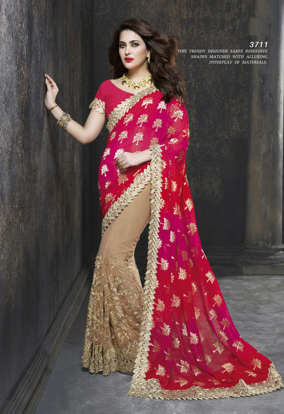 Classy Beige And Red Colore Bemberg Georgette Embroidery Designer Saree