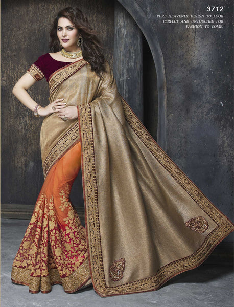 Orange With  Gold Color Fancy Silk Orange Shaded Net Zari Stone And Patch Work Saree