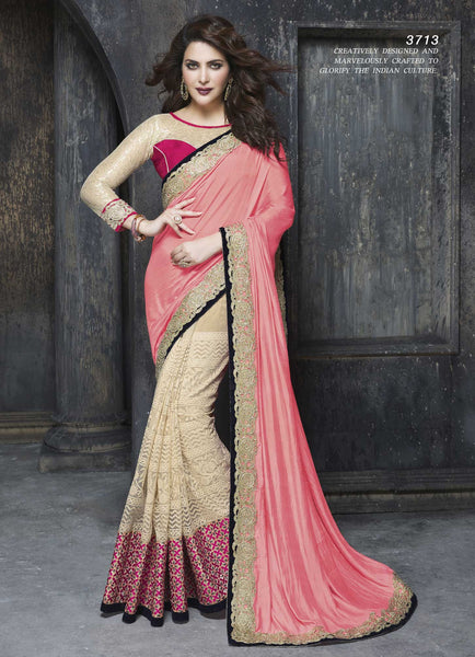 Beige And Peach Color Net Art Silk Heavy Resham Embroidery Designer Saree