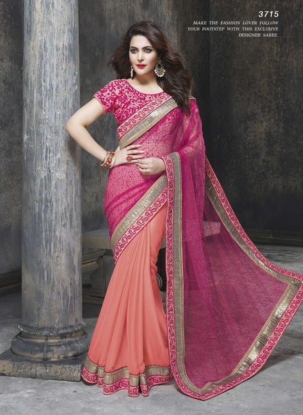 Elegant Rani Peach Color Net Georgette Flock Print Embroidery Designer Saree