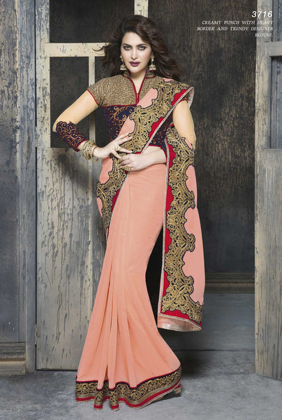 Peach Color Georgette Zari Patch Border Work Saree