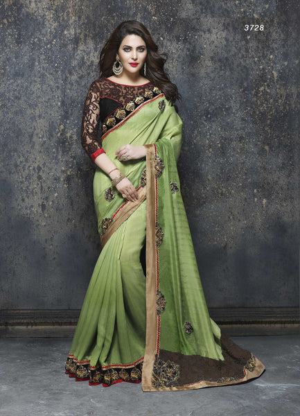 Beige And Shaded Green Net Bhagalpuri Silk Zari Patch Embroidery Saree