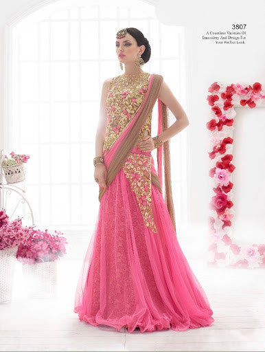 Pink & Brown Shaded Net Cut Work Lehenga Sarees