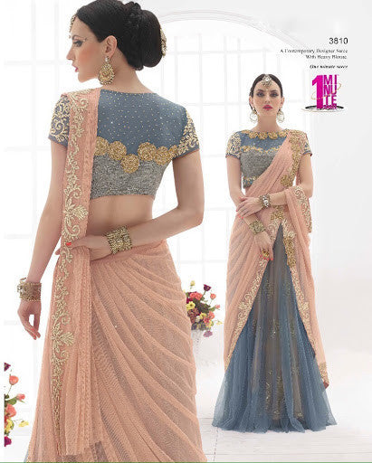 Peach & Gray Power Net Stonning Embroidery Excellent Look Lehenga Sarees