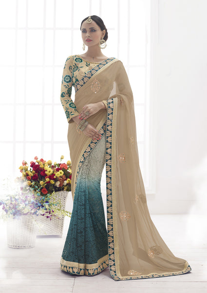 Chiku Color Chiffon Embroidery Rich Look Designer Sarees