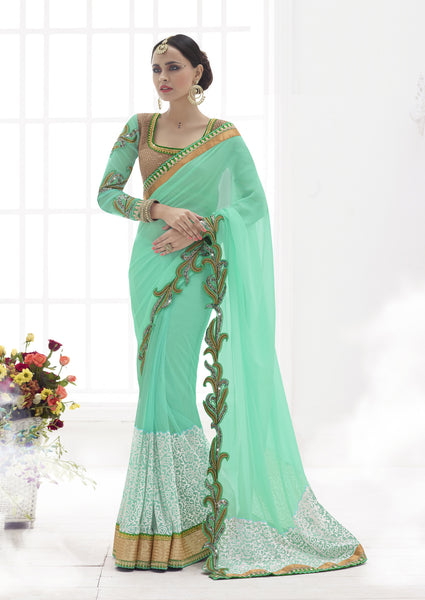 Elegant Sea Green Georgette Net Embroidery Sequines Work Sarees 