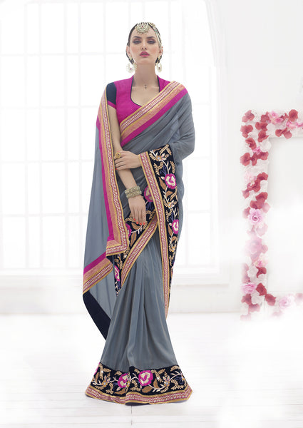 Rich Grey Color Chiffon Georgette Embroidery Designer Sarees 