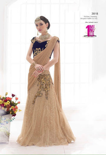 Classy Chiku Color Net Embroidery Cut Work Lehenga Sarees