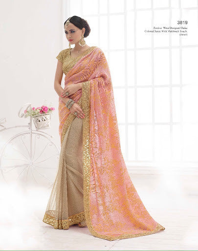 Classy Chiku & Peach Color Crushed Glitter Foiled Designer Sarees