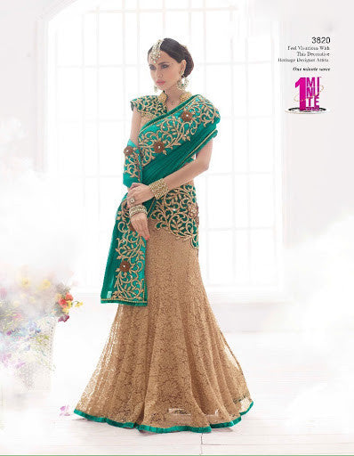Modern Rama Green Shaded Chiffon Embroidered Lehenga Sarees