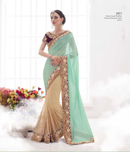 Classy Sea Green Lycra Net Embroidery Designer Sarees