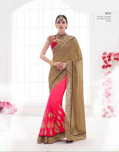 Traditional Pink & Chiku Color Fancy Chiffon Embroidery Sarees