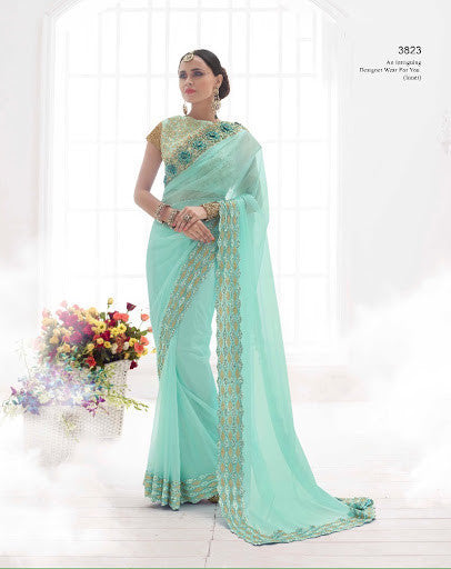 Modern Sky Blue Satin Net With 3D Flower Cording Lace Border Sarees