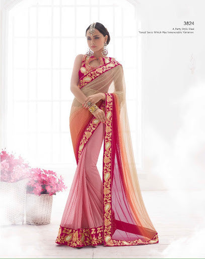 Elegant Light Orange And Pink Embroidery With patch Work Sarees