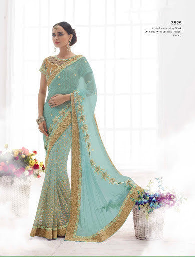 Trendy Sky Blue Satin Net With Stonning 3D Flower Lace Work Designer Sarees
