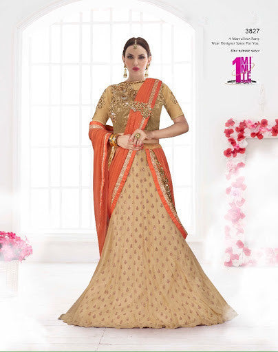 Classy Orange And Net Lila Lycra Fabric Embroidered Lehenga Sarees