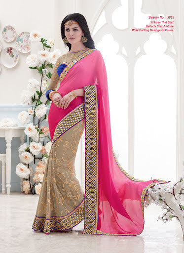RANI PINK AND CHIKU COLOR EMBROIDERED SAREE 