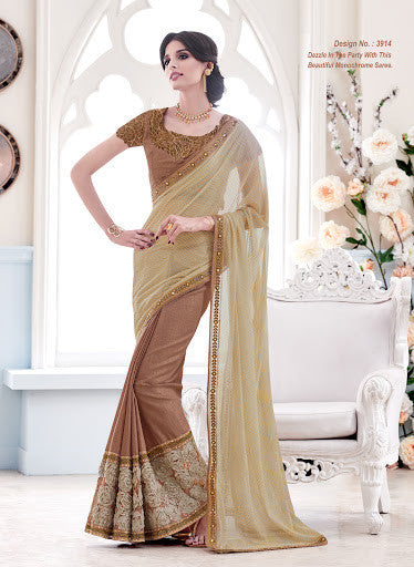 EXTREMELY STYLISH COMBINATION OF CHIKU AND COFFEE COLOR SAREE