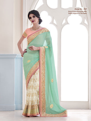 GORGEOUS FIROZY AND CREAM COLOR SAREE
