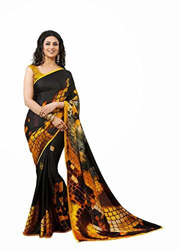 Rajshri Fashions Saptrangi Digital Crepe Jacquard Mustrad With Black Sarees.