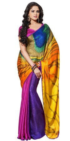 Rajshri Fashions Saptrangi Peacock Feather Digital Printed Crepe Jacquard Golden With Pink Sarees - RAJSHRIFASHIONS