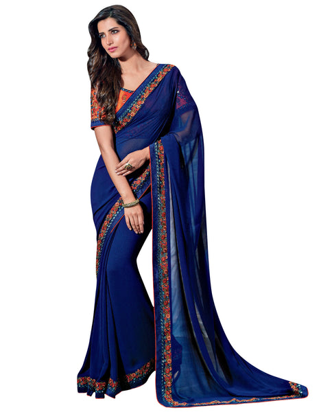 Blue Georgette Diamond Work Designer Saree With Blouse