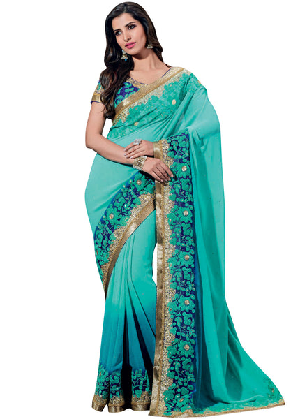 Blue And Rama Color Georgette Diamond Embroidery Work Saree With Blouse