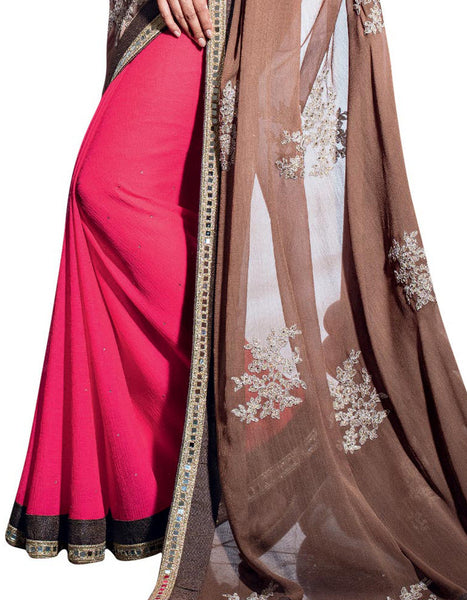 Rani and Cream Brasso Foil Work Designer Saree With Blouse