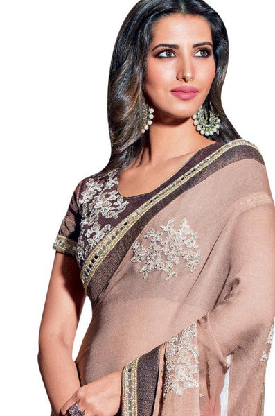 Rani and Cream Brasso Foil Work Designer Saree With Blouse