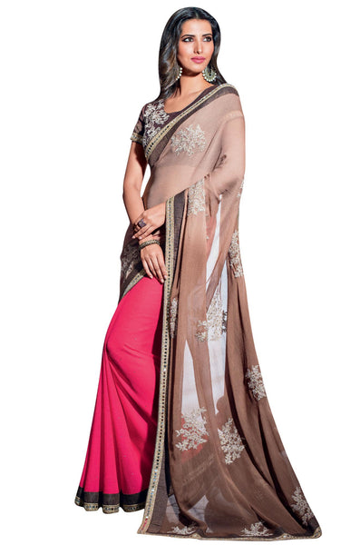 Coffee and Gajri Chiffon Embroidery Designer Saree With Blouse