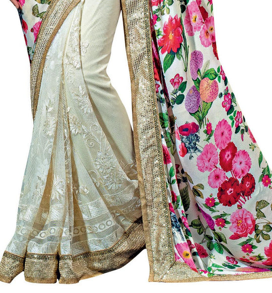 Off White Sateen and Net Printed Embroidery Work Saree With Blouse