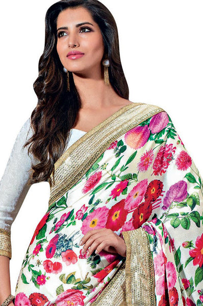 Off White Sateen and Net Printed Embroidery Work Saree With Blouse