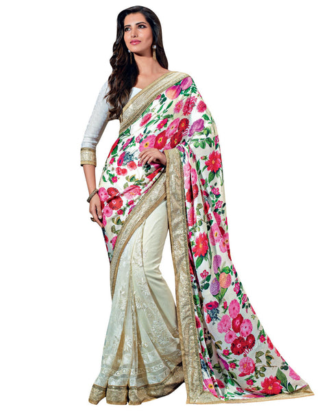 Off White Sateen and Net Printed Embroidery Work Saree With Blouse