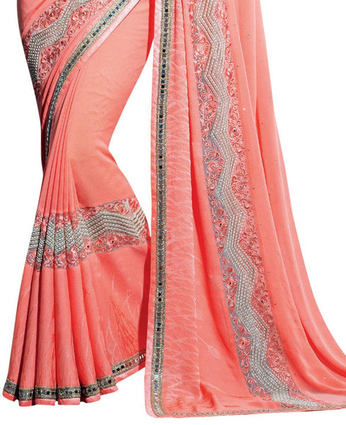 Peach Georgette Embroidery and Mirror Work Saree With Blouse