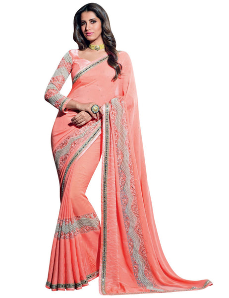 Peach Georgette Embroidery and Mirror Work Saree With Blouse