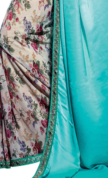 Rama And Beige Satin With Net Embroidery Mirror Work Saree With Blouse