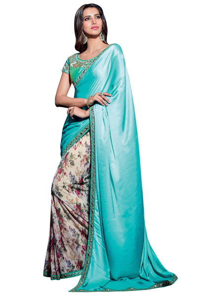 Rama And Beige Satin With Net Embroidery Mirror Work Saree With Blouse