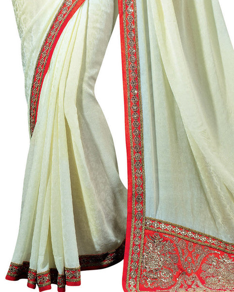 Off White Jaquard Printed And Embroidery Work Saree With Blouse