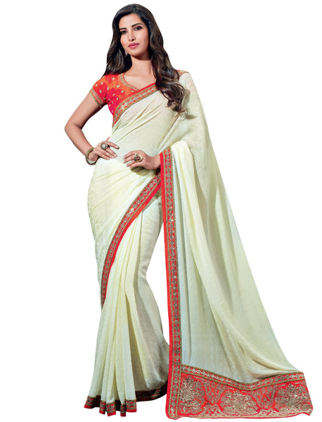 Off White Jaquard Printed And Embroidery Work Saree With Blouse