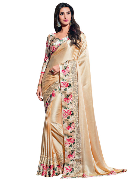 Beige Color Satin Diamond Work Designer saree With Blouse