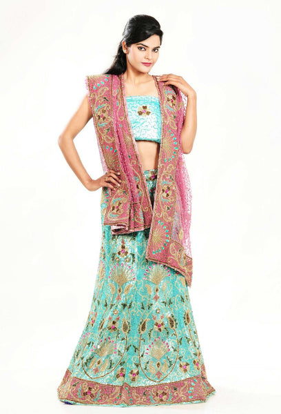 Aqua blue  stone work  Bridal Lehanga Choli - RAJSHRIFASHIONS