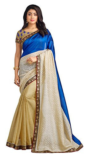 Vastreeni Majestic Hues and Drape this extraordinary designer wedding wear saptrangi saree blue and beige color