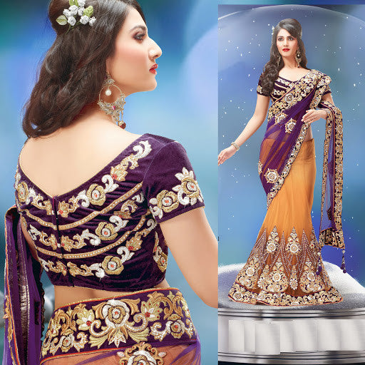 Orange Color Net Embroidery With Pearl Work Designer Lehenga Saree