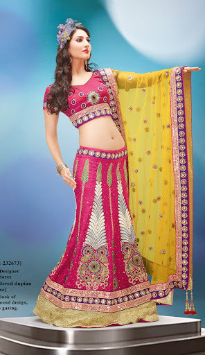 Pink And Yellow Color Dupian Silk Hand Embroidered Lehenga Choli