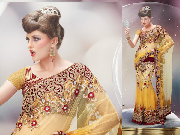 Yellow And Maroon Color Shaded Net Embroidered Lehenga Saree
