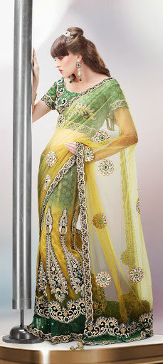 Yellow And Green Color Shaded Net Embroidered Lehenga Saree